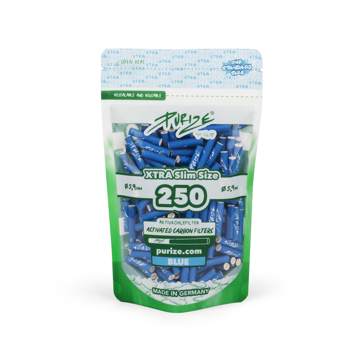 PURIZE® XTRA Slim Size Aktivkohlefilter – 250er Pack Blau