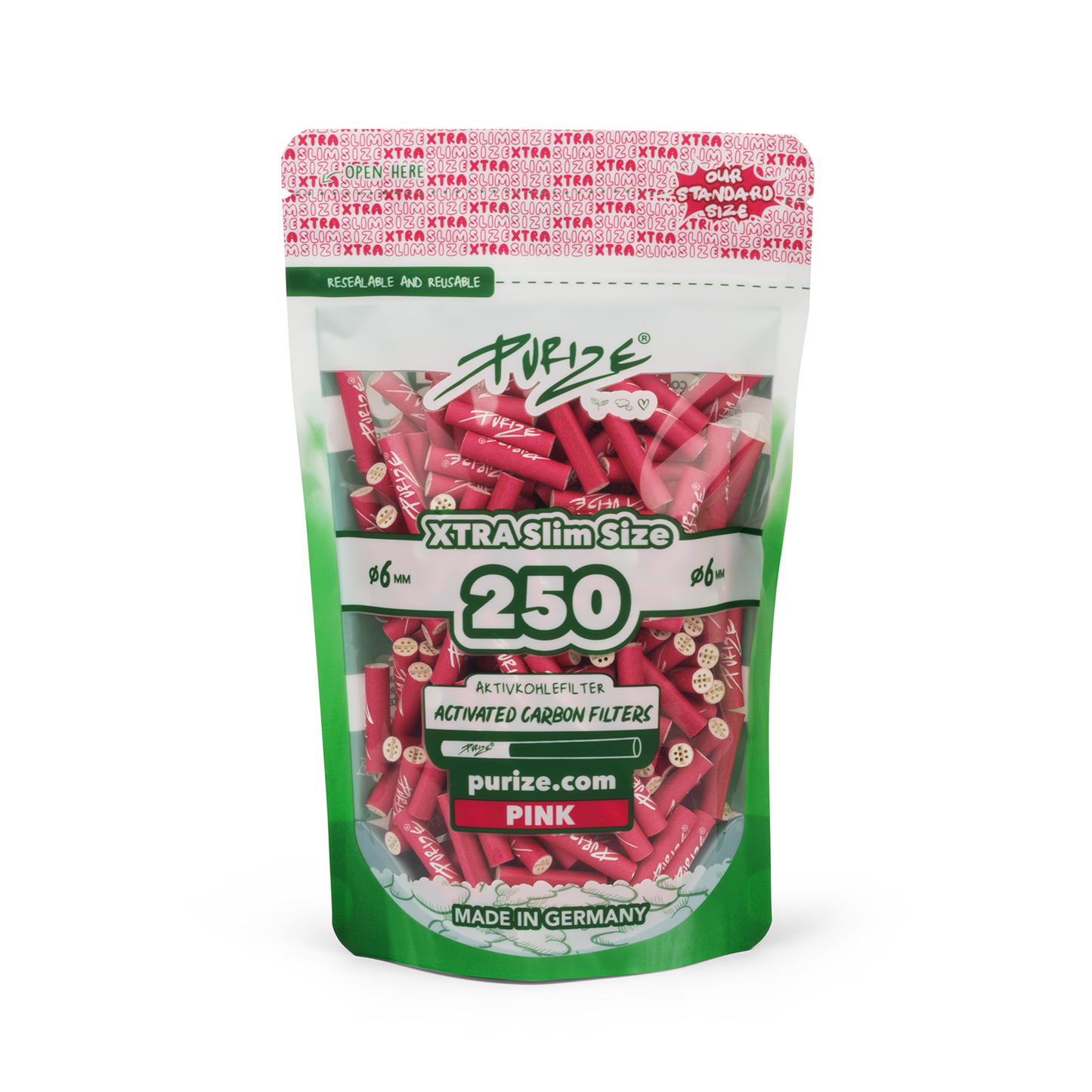 PURIZE® XTRA Slim Size Aktivkohlefilter – 250er Pack Pink