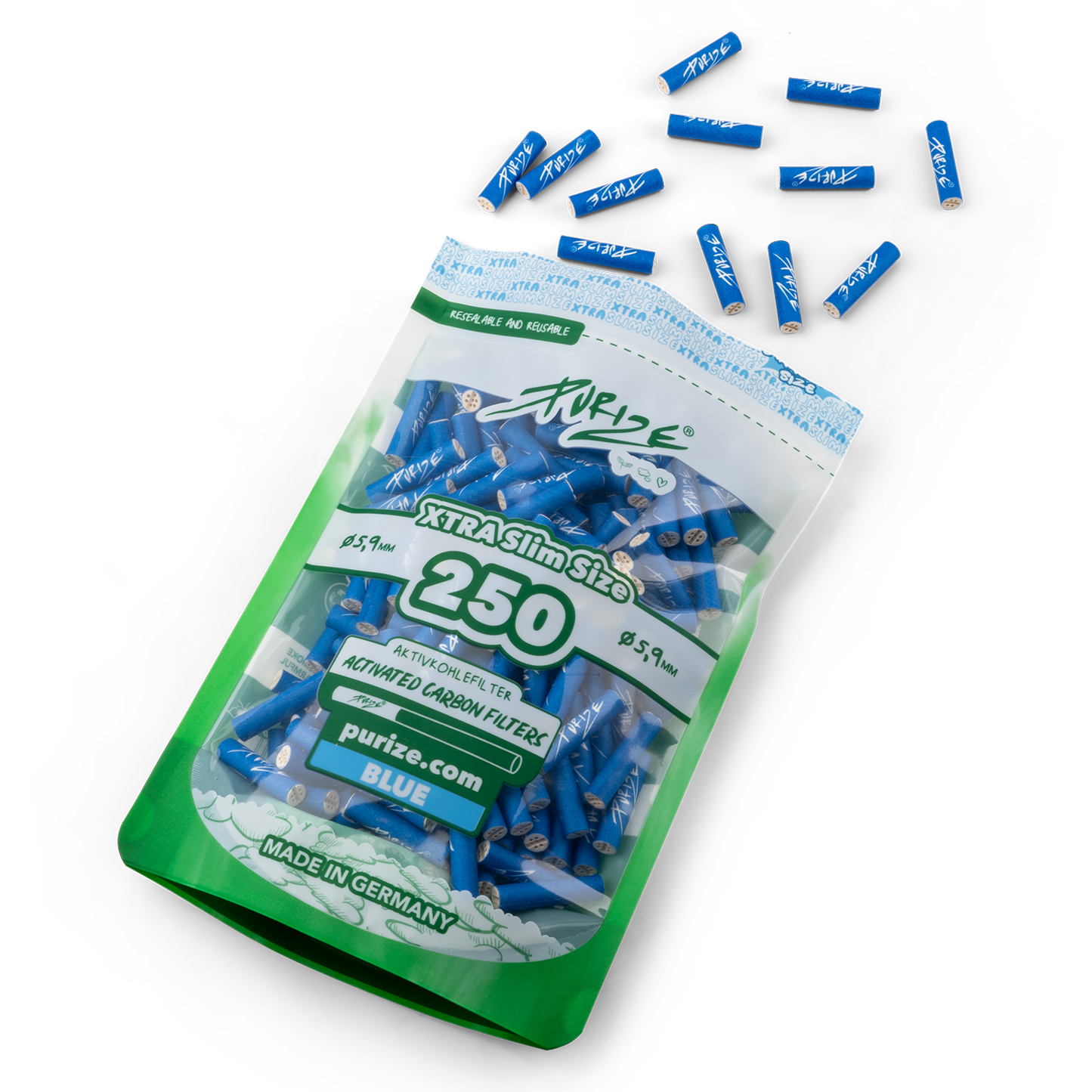 PURIZE® XTRA Slim Size Aktivkohlefilter – 250er Pack Blau